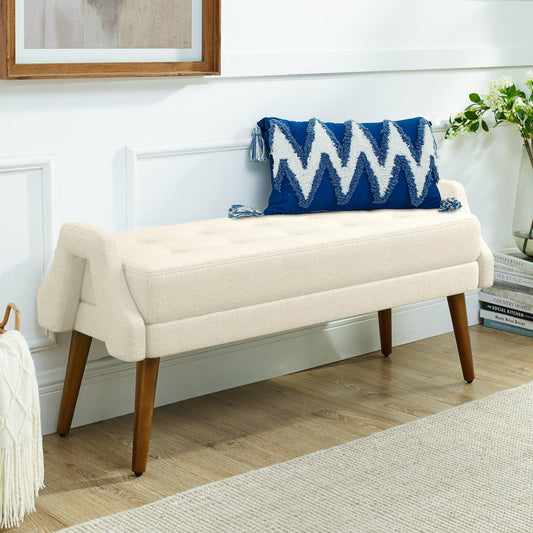 Contemporary Beige Yarn Fabric Bench with Soft Cushion and Unique Geometric Armrests