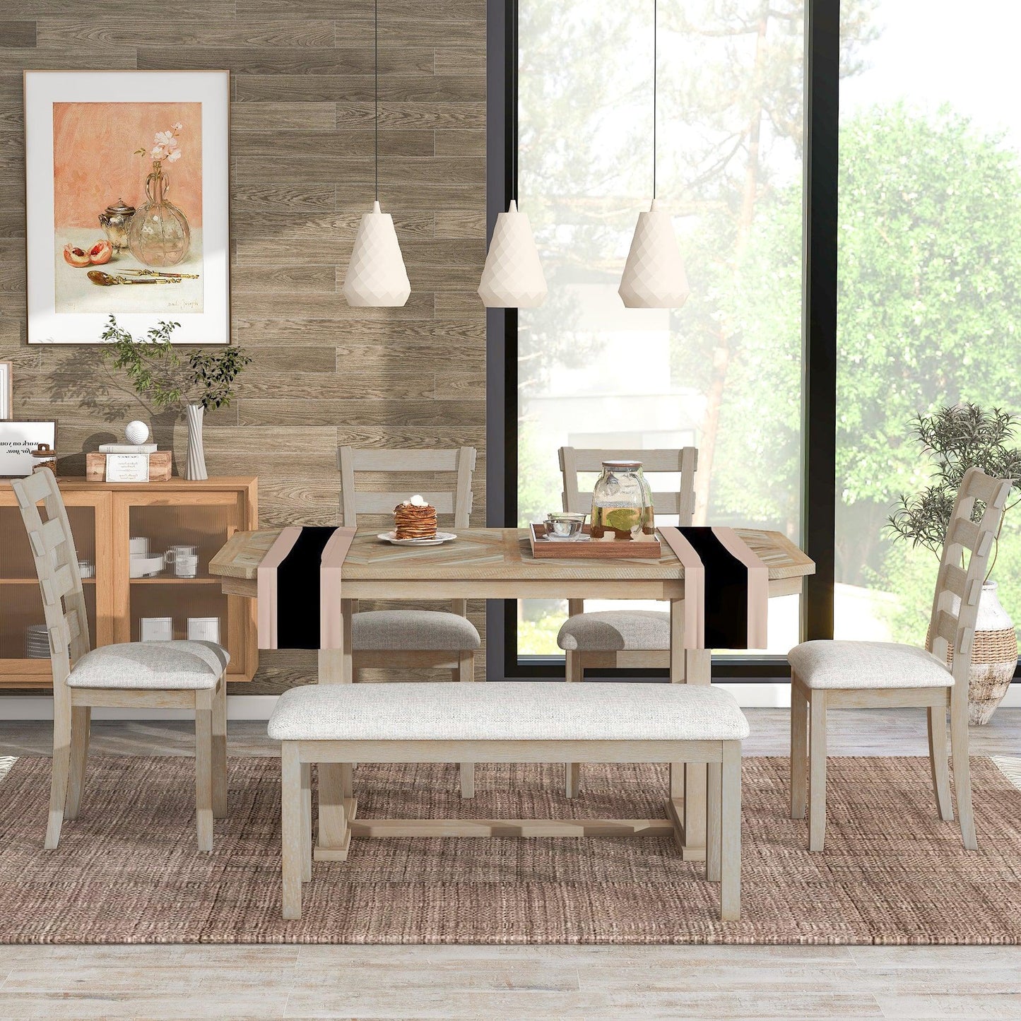 6-Piece Rubber Wood Dining Table Set with Soft Cushions