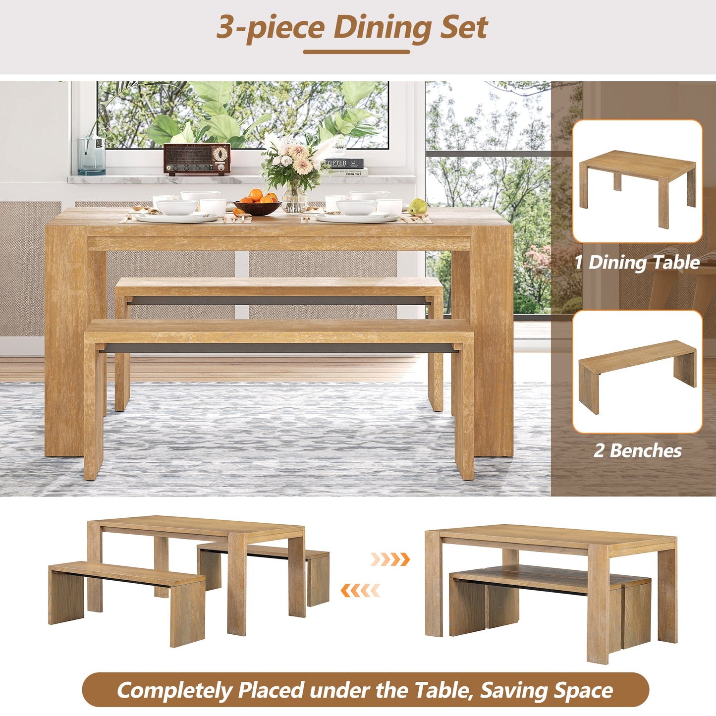 Farmhouse Style Simple Dining Set with Table and Benches