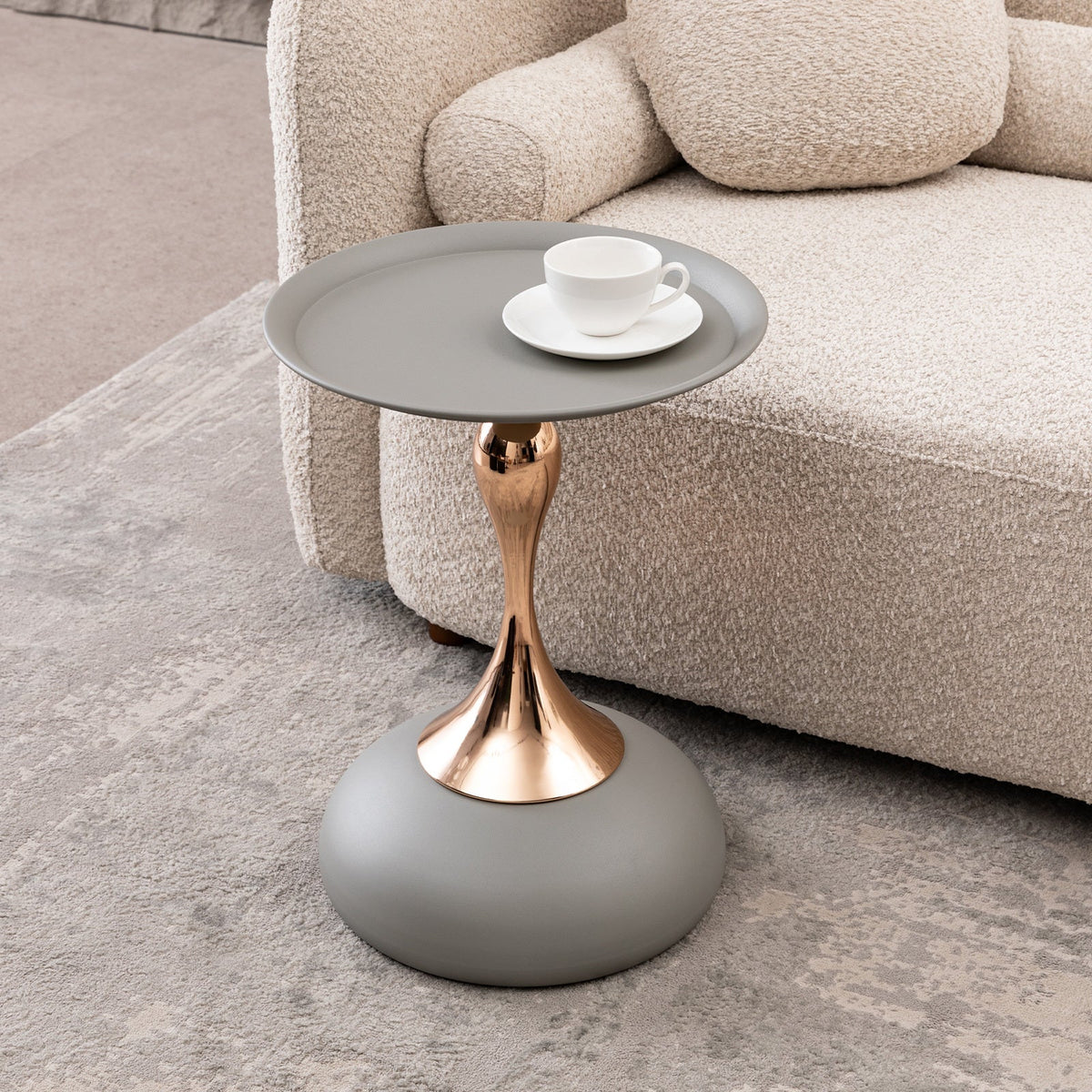 Mermaid tail pedestal coffee table with round drum base and anti-rust coating.