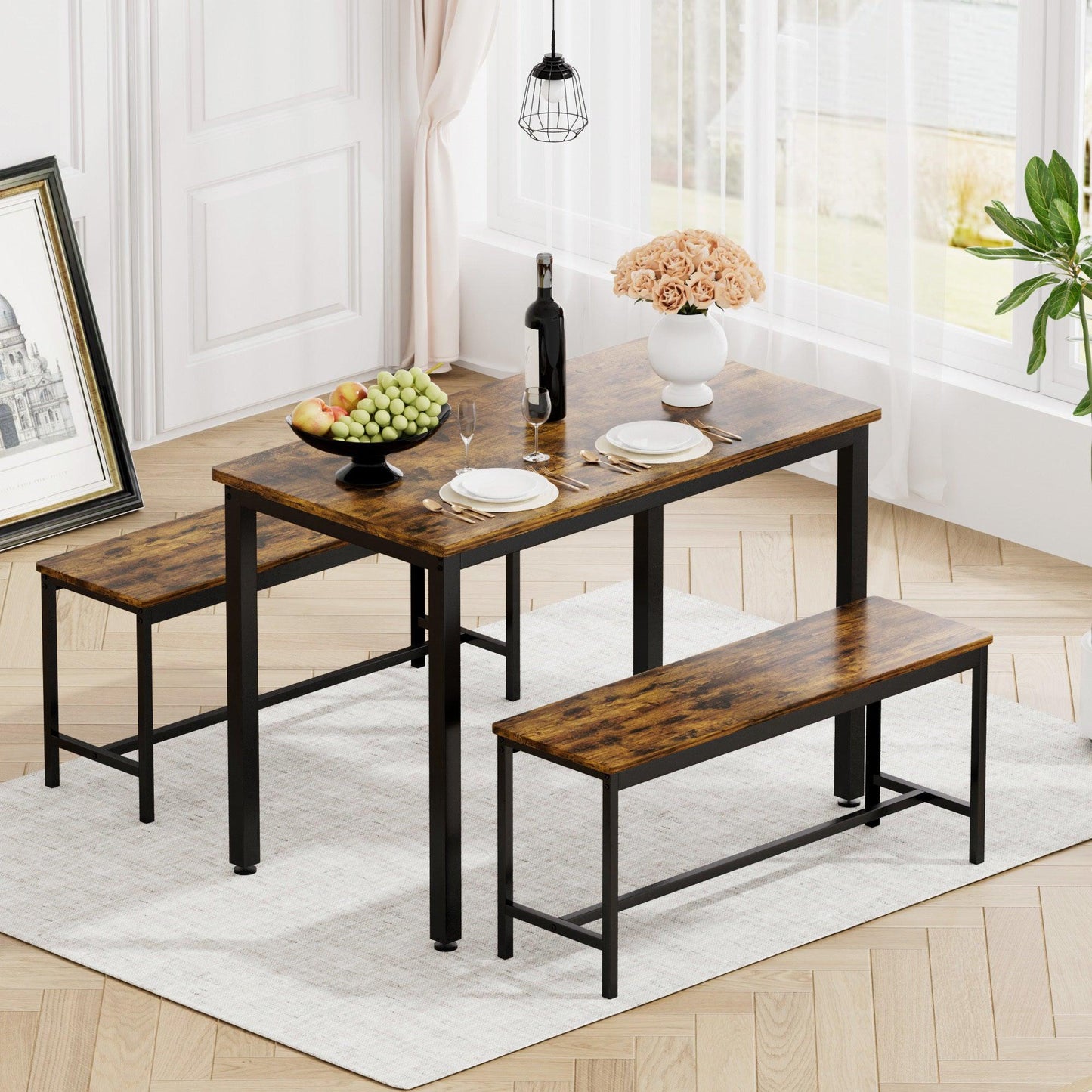 Rustic Industrial Dining Table Set with Benches for Kitchen, Living Room, and Party Spaces - Space-Saving Design, Easy Assembly, 4-Person Capacity