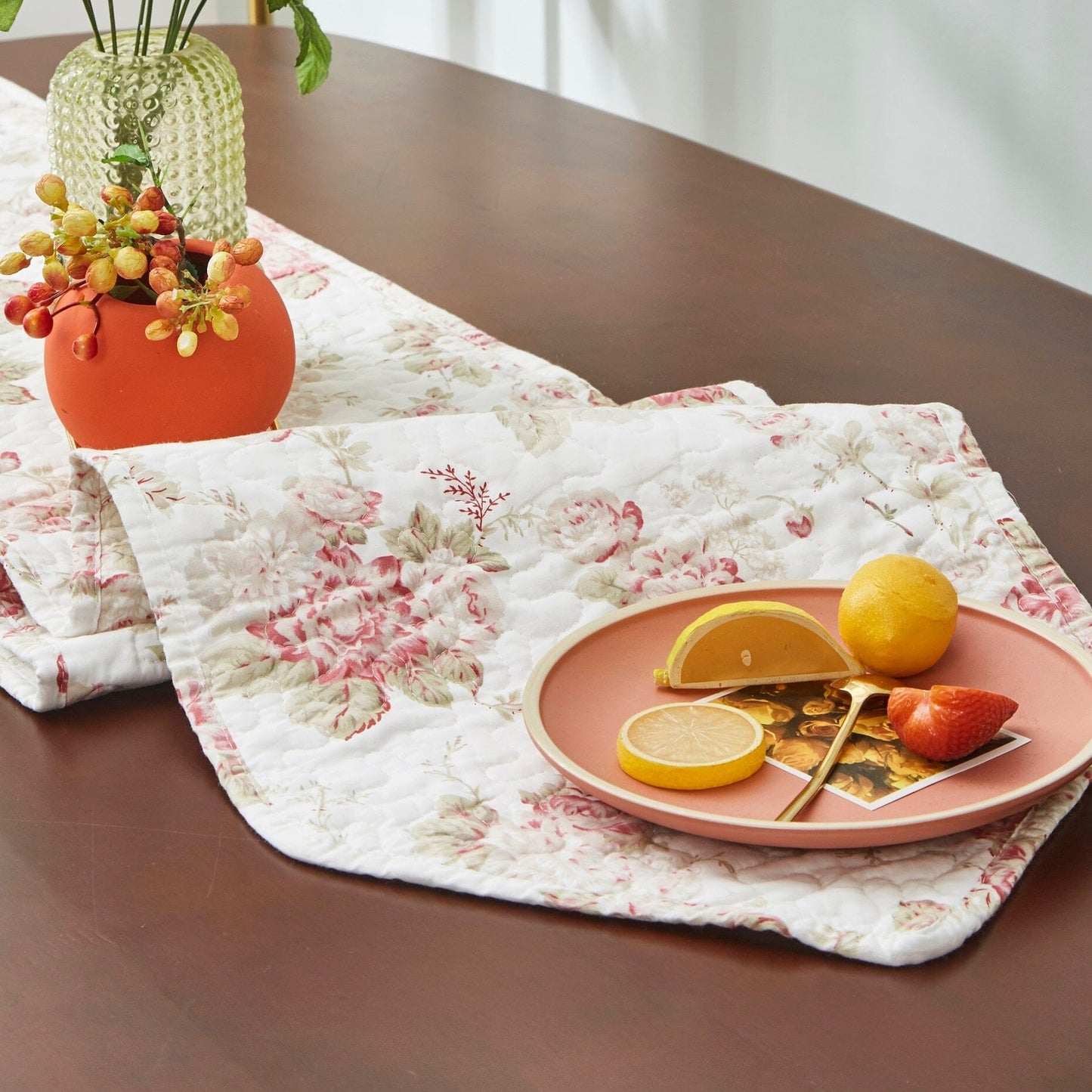 Mint Green Cottage Floral Roses Quilted Cotton Table Runner