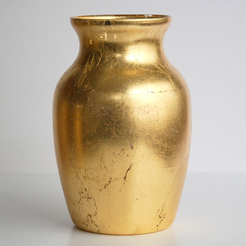Gold Greek style flower vase, hand gilded with distressed finish, 7 inches tall.