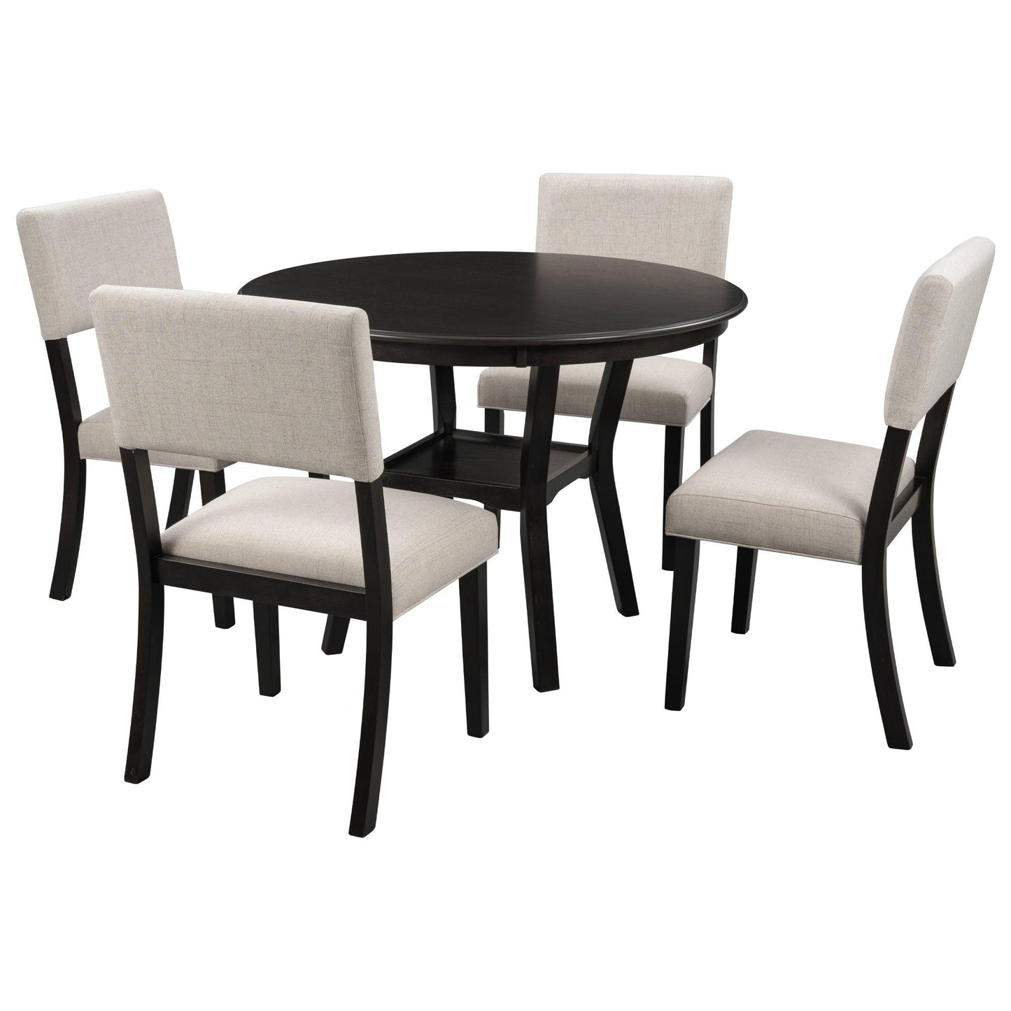 5-Piece Kitchen Dining Table Set Round Table with Bottom Shelf, 4 Upholstered Chairs for Dining Room Espresso