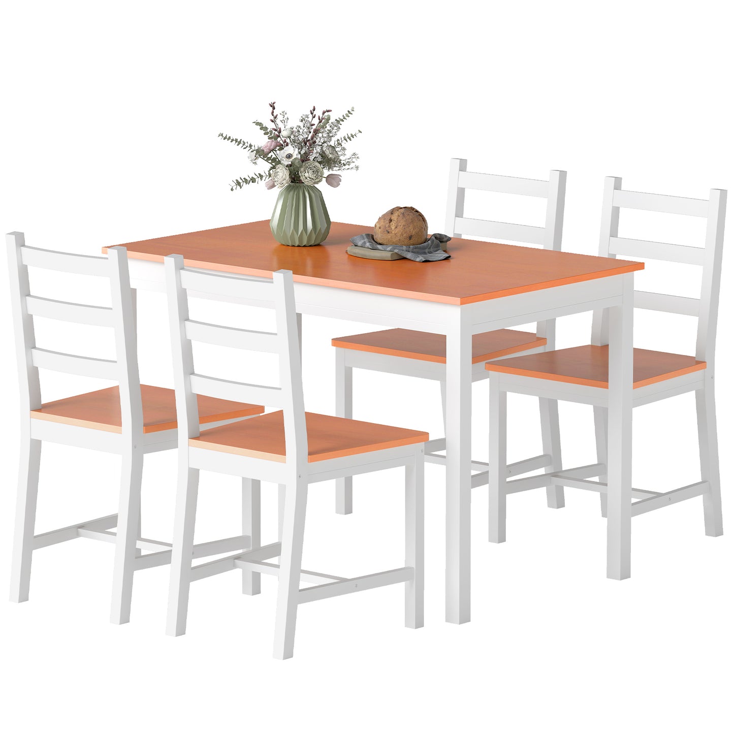 White solid wood dining set for four with modern table and chairs.