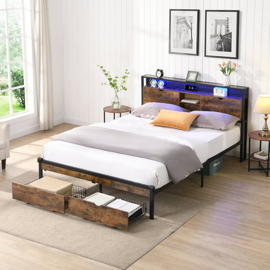 King Size Metal Platform Bed Frame with USB Charging Station