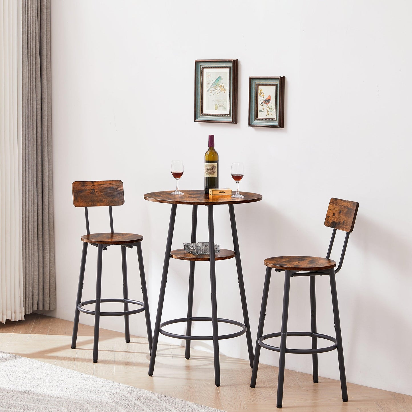 Rustic Brown Round Bar Stool Set with Circular Shelf and Backrest, 23.6'' Dia x 35.4'' H