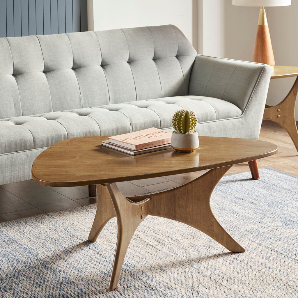 Ink Ivy Blaze solid wood triangle coffee table with cross base.