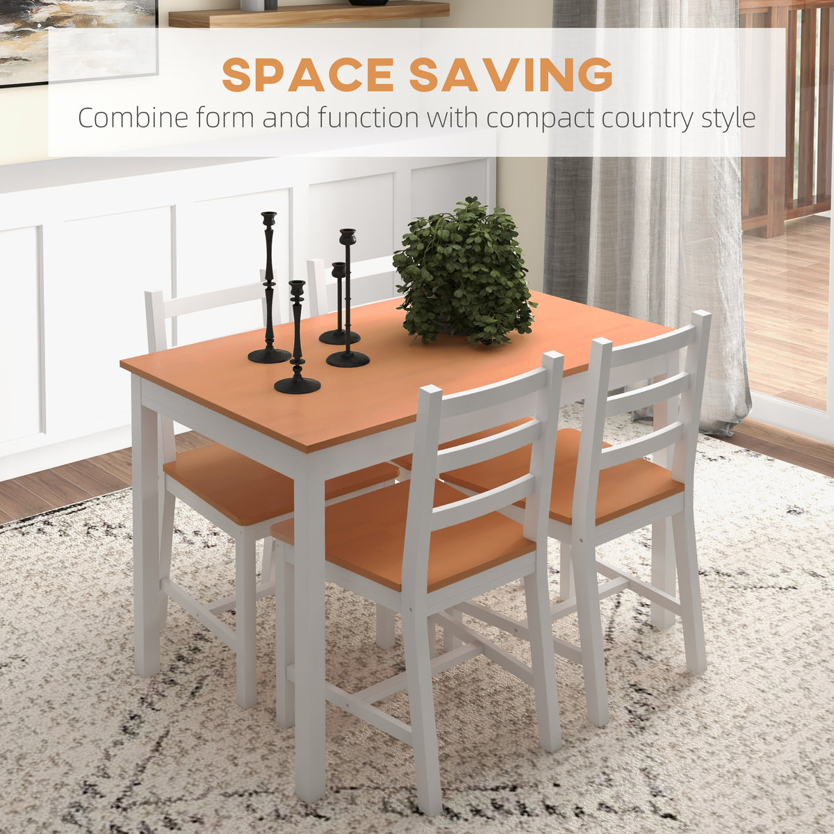 White solid wood dining set for four with modern table and chairs.