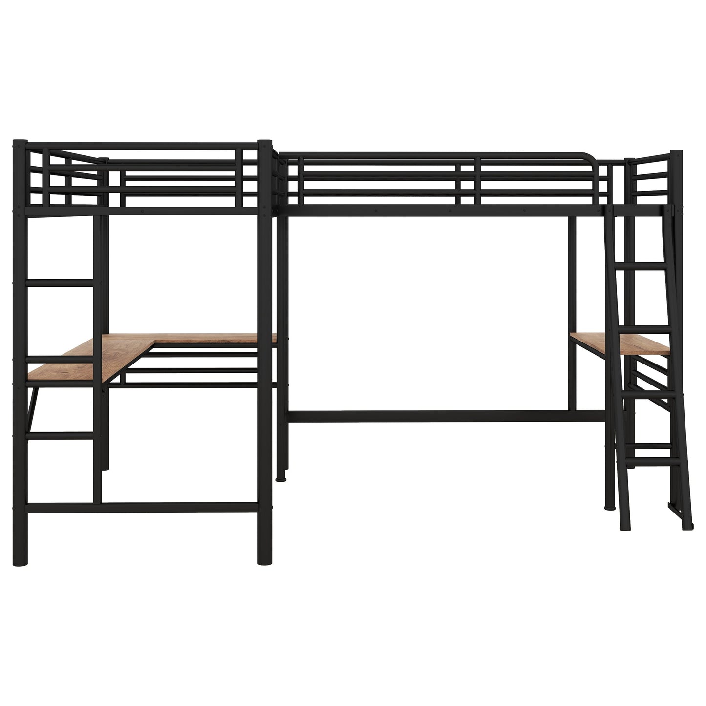 Twin Size Metal Loft Bed With Two Built-in Desks Black