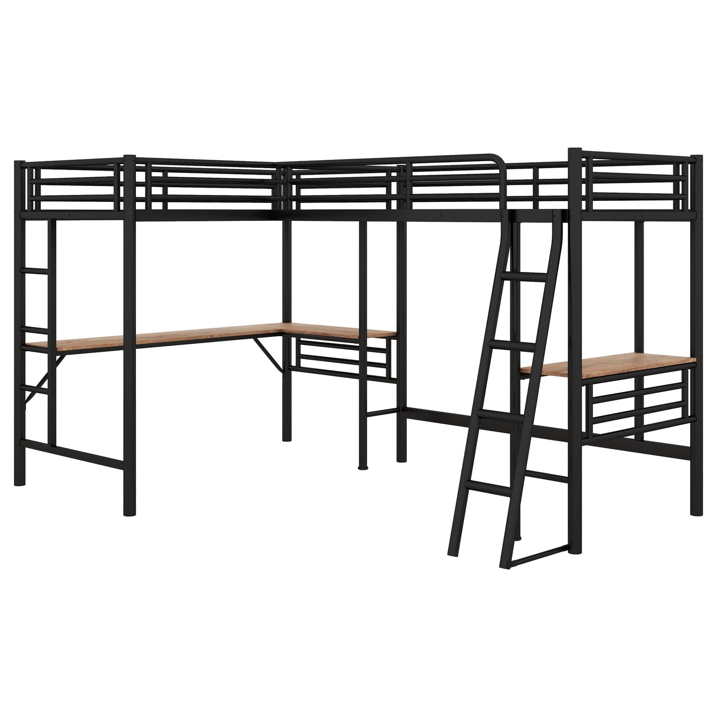 Twin Size Metal Loft Bed With Two Built-in Desks Black