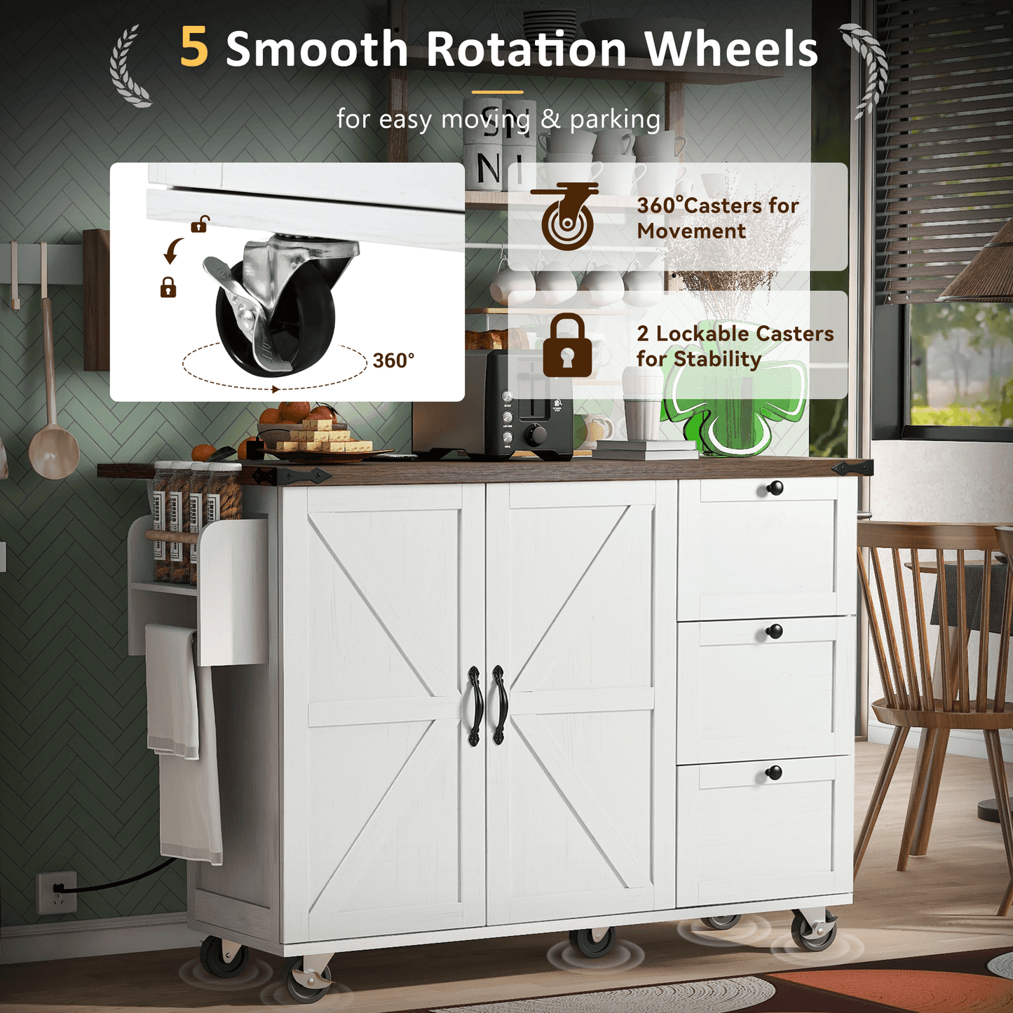 54.5" Rustic Farmhouse Kitchen Island with Power Outlet and Storage, Rolling Cart with Drop Leaf and Spice Rack, White Wood Finish