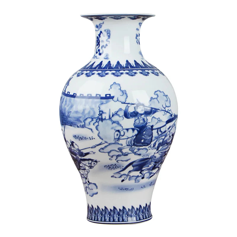 Antique blue and white Chinese ceramic vase with intricate floral patterns.