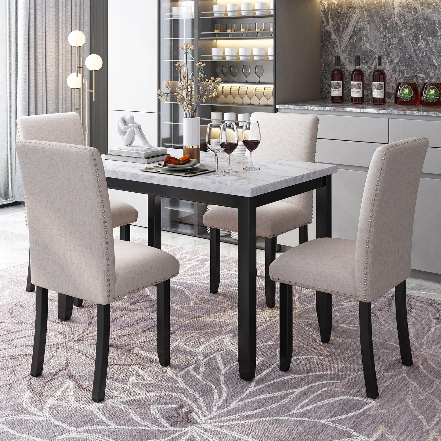 Faux Marble 5-Piece Dining Set with 4 Cushioned Chairs