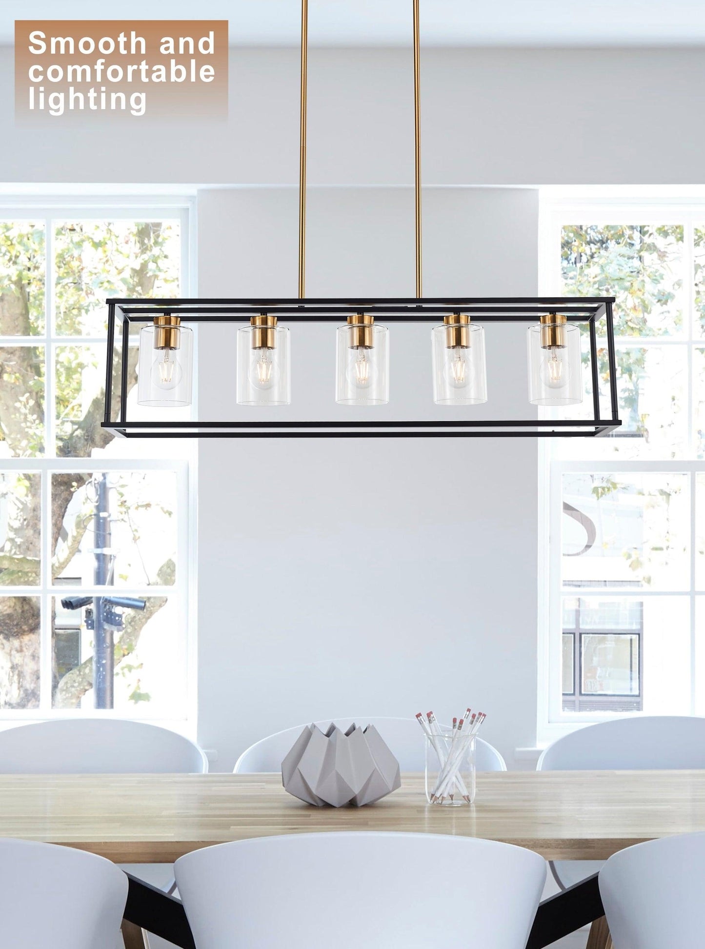 5-Light Distinctive Industrial Farmhouse Rectangular Pendant Chandelier with Clear Glass Shade in Antique Brass and Matte Black Finish for Dining Room and Kitchen Island