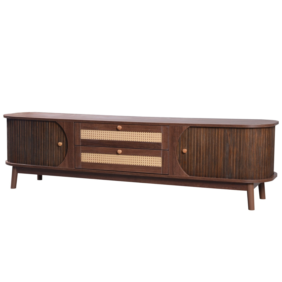 Modern farmhouse rattan TV stand with a natural woven finish, holding a TV.