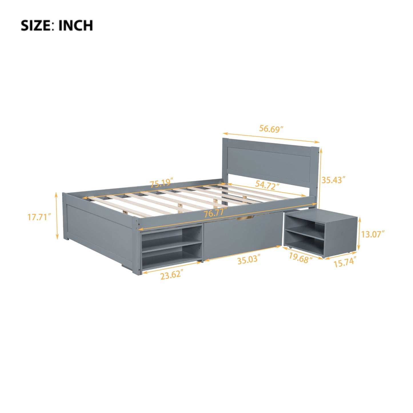 Full Size Platform Bed With Drawer And Two Shelves, Gray