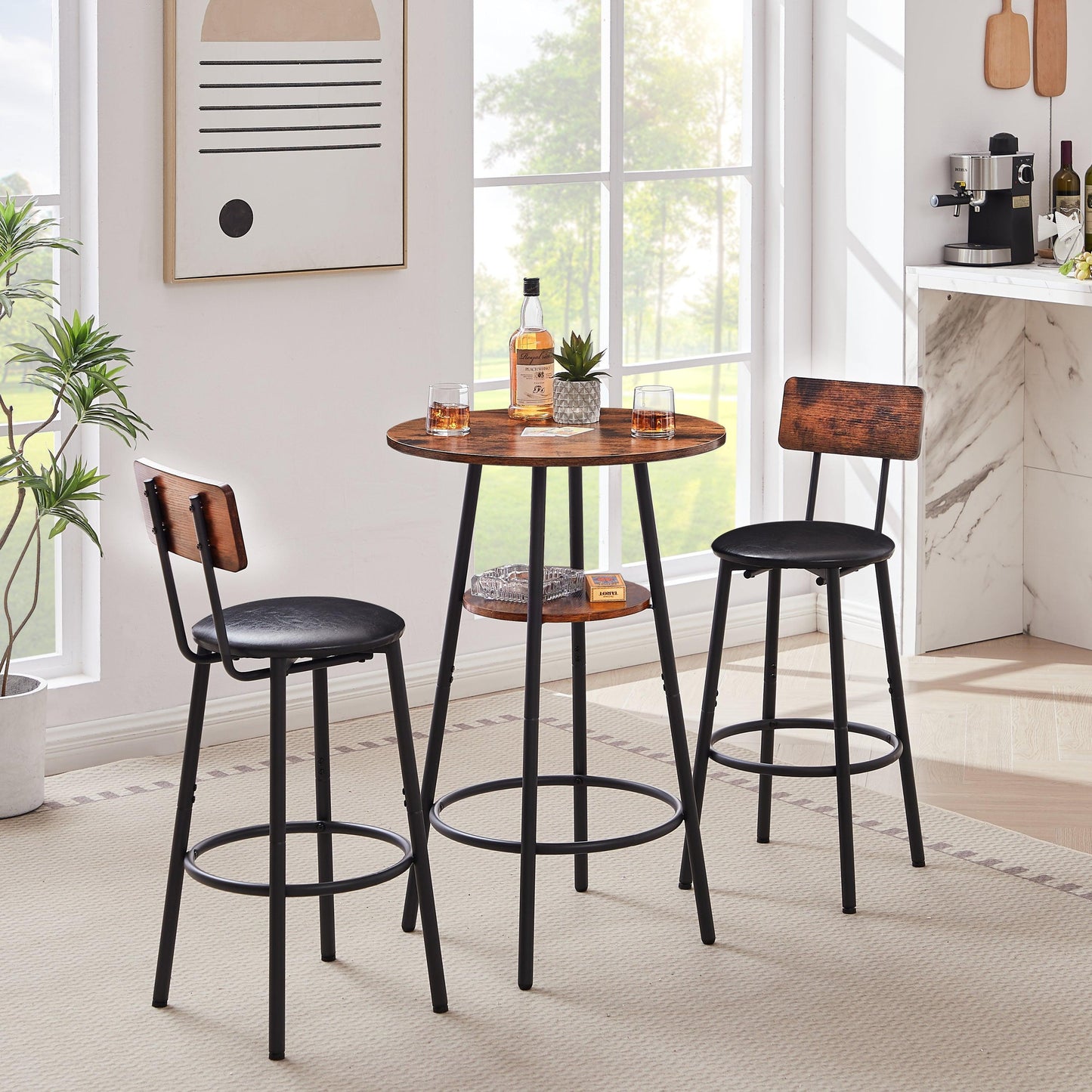 Rustic Brown Upholstered Bar Stool Set with Shelf and Backrest