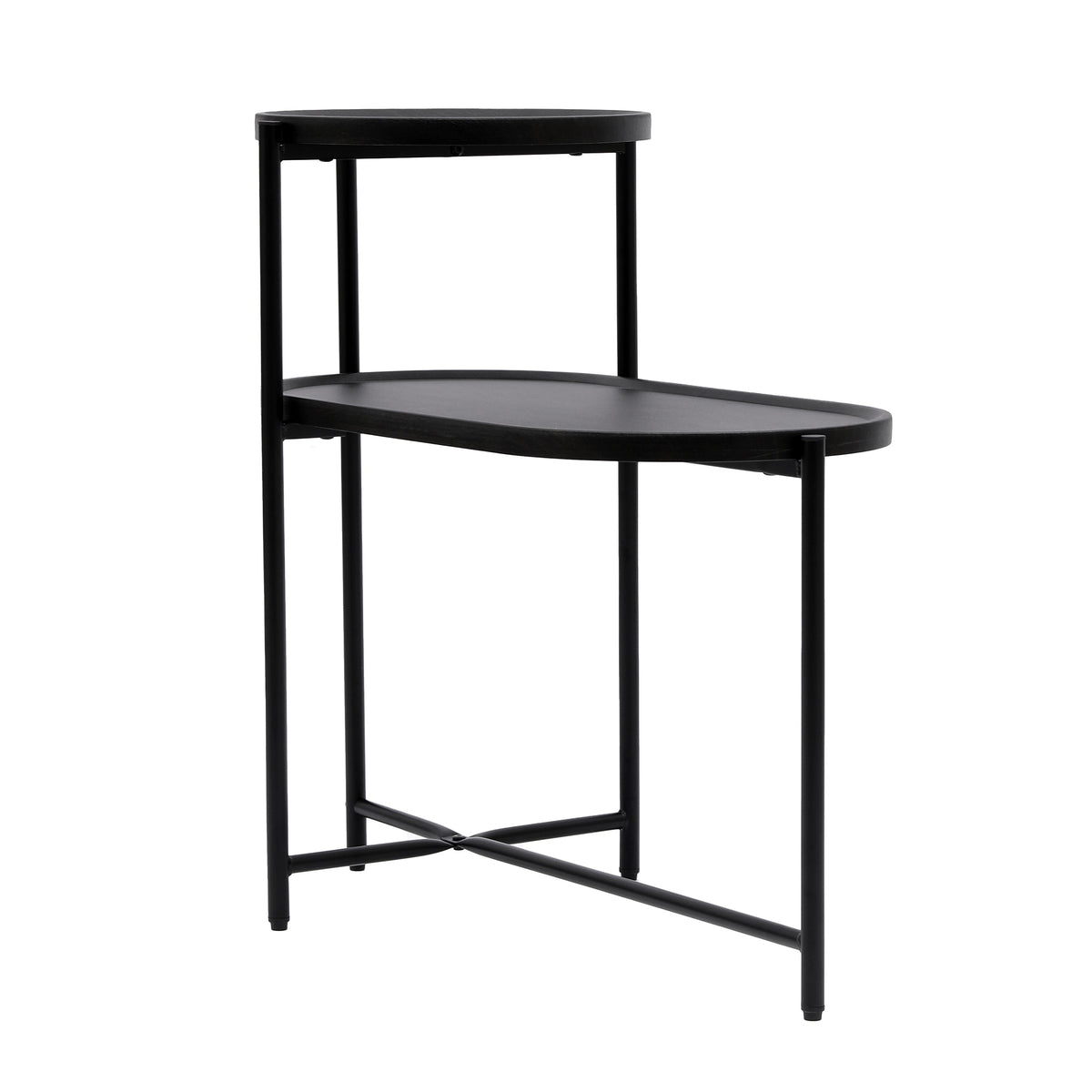 Two-tier round coffee table with oval storage tray end tables.
