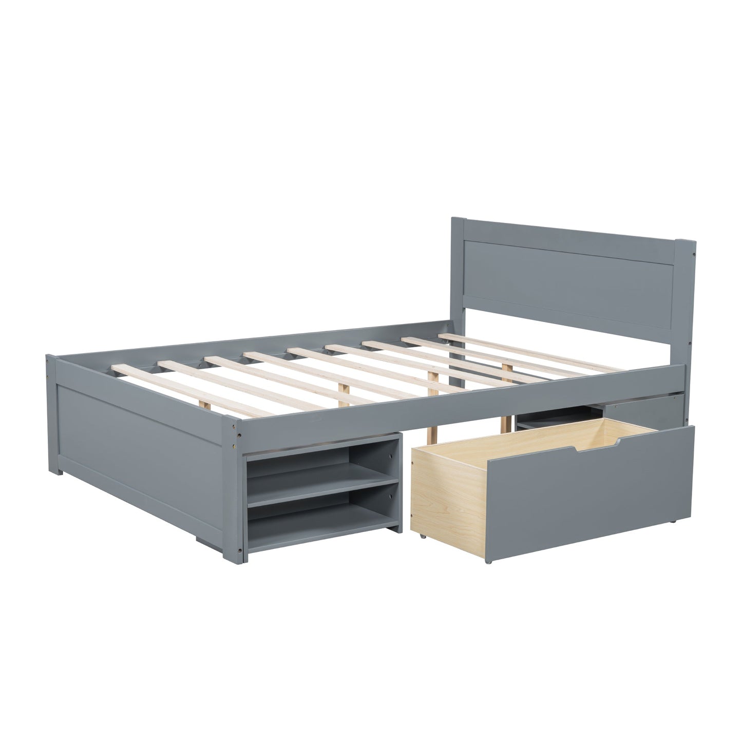 Full Size Platform Bed With Drawer And Two Shelves, Gray