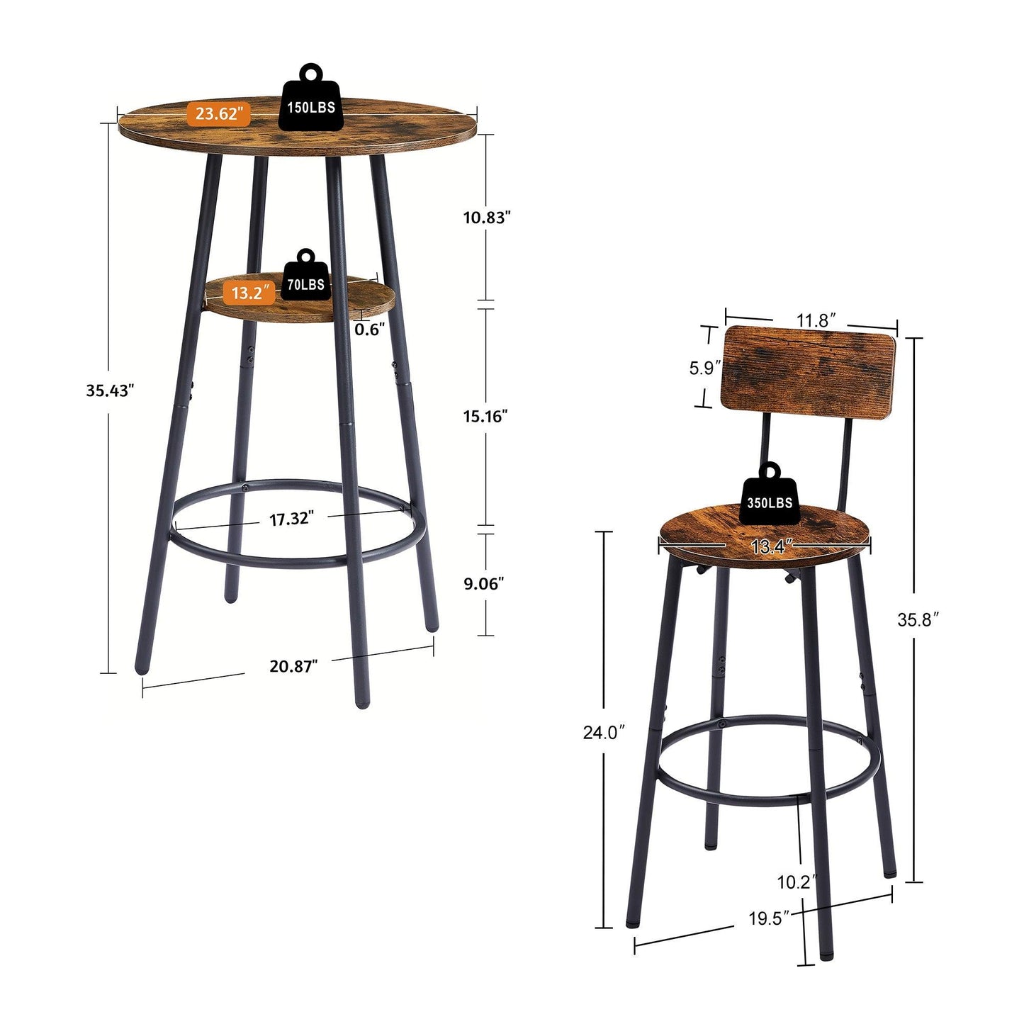 Rustic Brown Round Bar Stool Set with Circular Shelf and Backrest, 23.6'' Dia x 35.4'' H