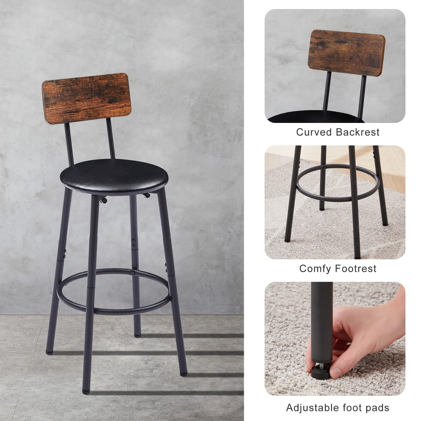 Rustic Brown Upholstered Bar Stool Set with Shelf and Backrest