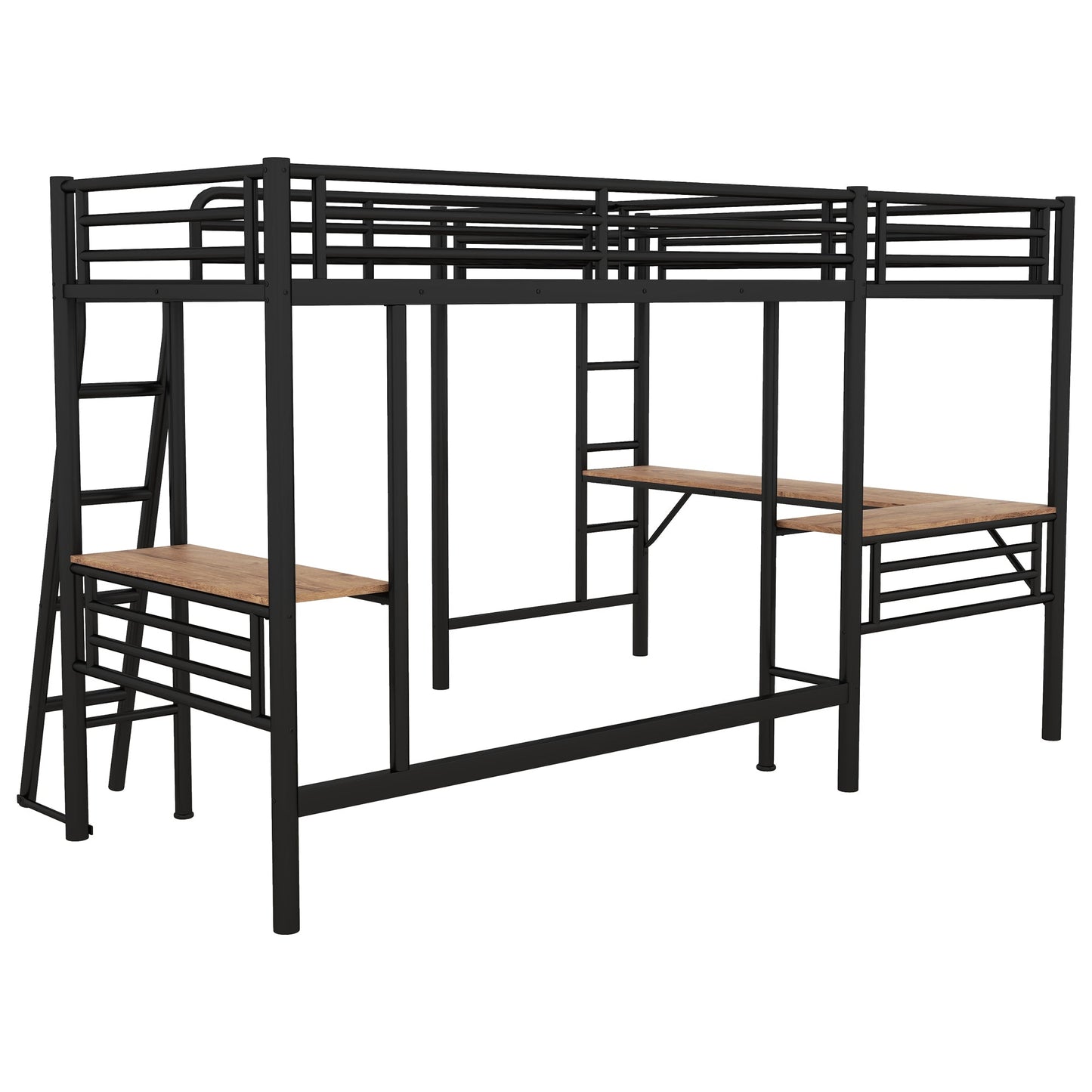 Twin Size Metal Loft Bed With Two Built-in Desks Black