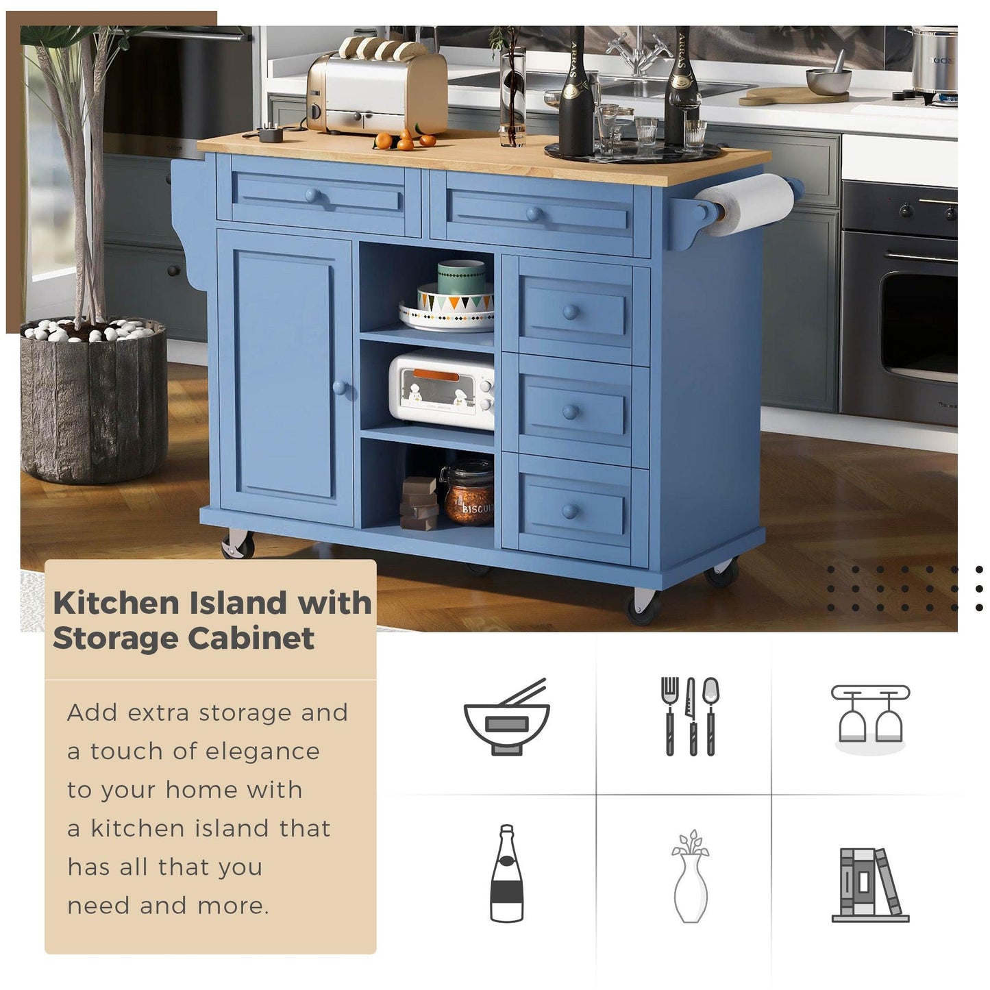 Blue Rolling Kitchen Island Cart with Rubber Wood Top and 5 Drawers for Storage - 53 Inch Length