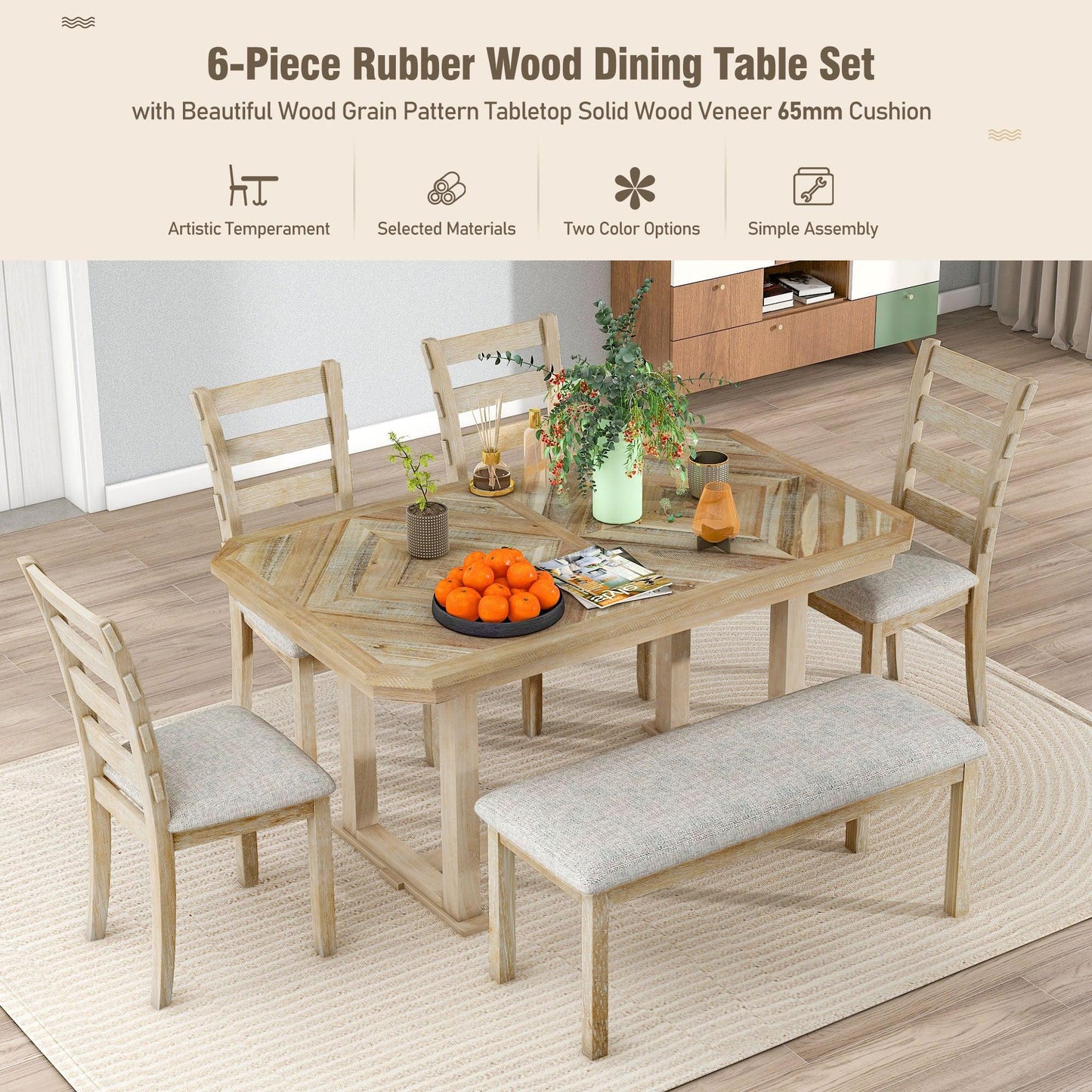 6-Piece Rubber Wood Dining Table Set with Soft Cushions