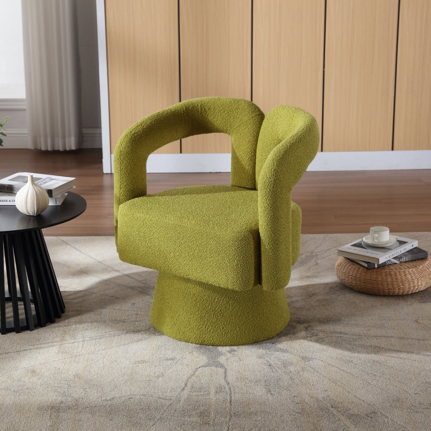 Olive Green Boucle 360-Degree Swivel Cuddle Barrel Chair