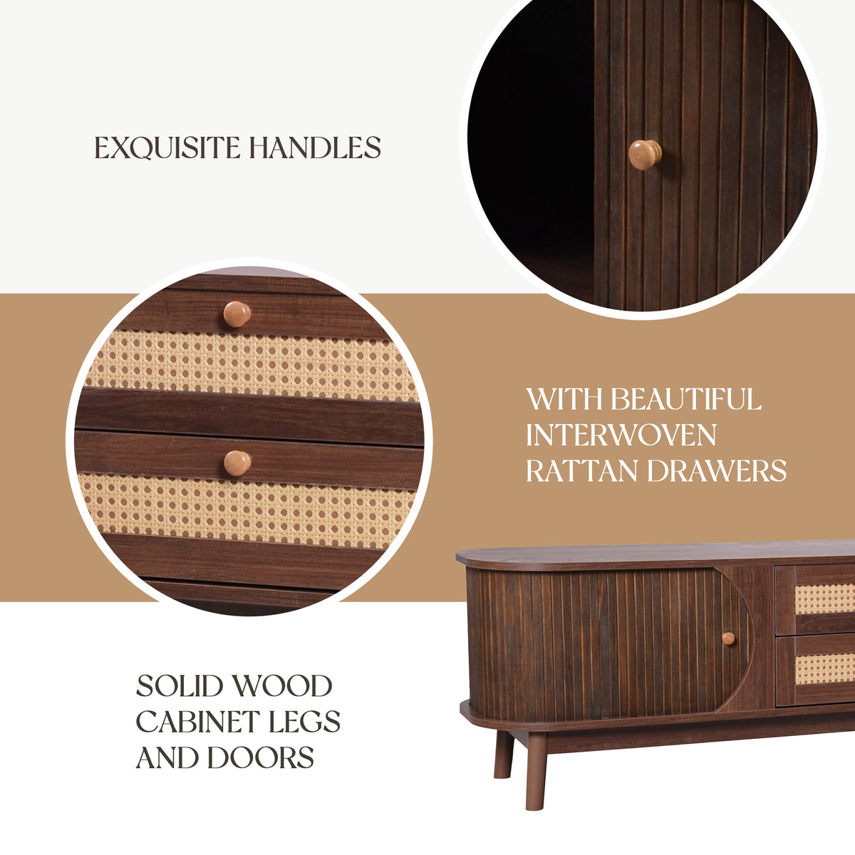 Modern farmhouse rattan TV stand in natural wood tones.