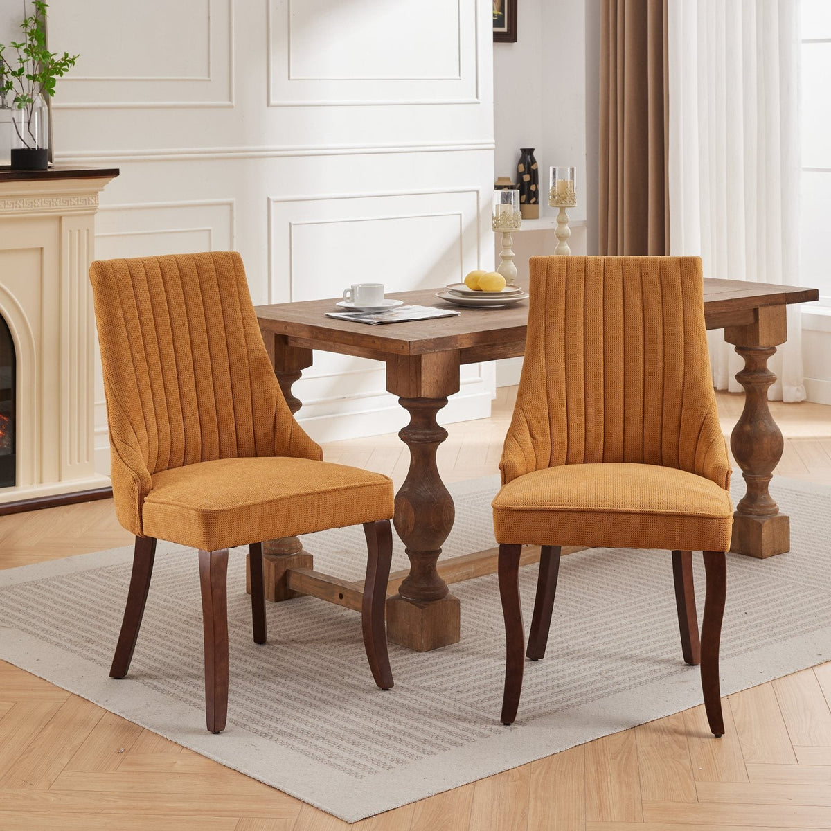 Set of 2 rayon flocking linen dining chairs with high back support.