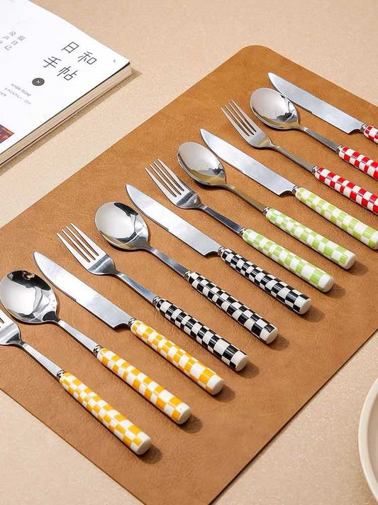 6 Pack Modern Checkered Flatware Sets for Stylish Dining