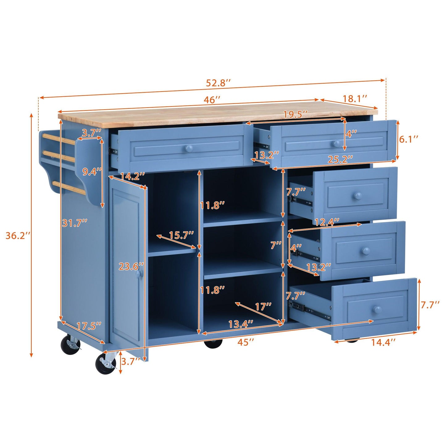 Blue Rolling Kitchen Island Cart with Rubber Wood Top and 5 Drawers for Storage - 53 Inch Length