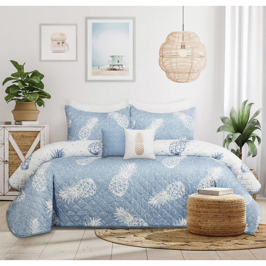 Blue Pineapples Printed Quilt Bedding Set 3 Piece Woven Microfiber