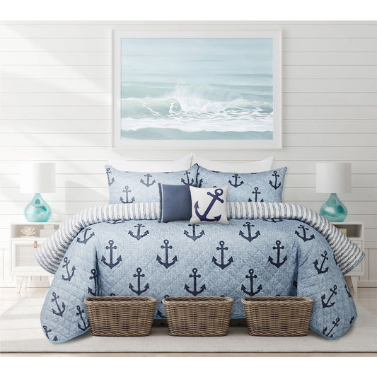Printed Quilt Bedding Set 3 Piece King Size Blue Anchors Microfiber Woven