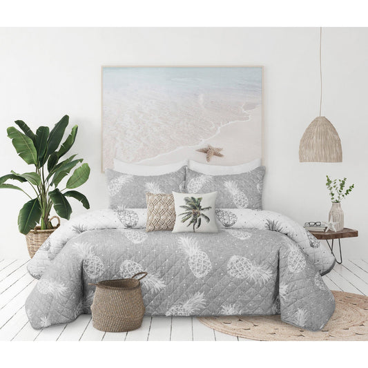 King Size Quilt Bedding Set 3 Piece Woven Microfiber Grey Pineapple Pattern