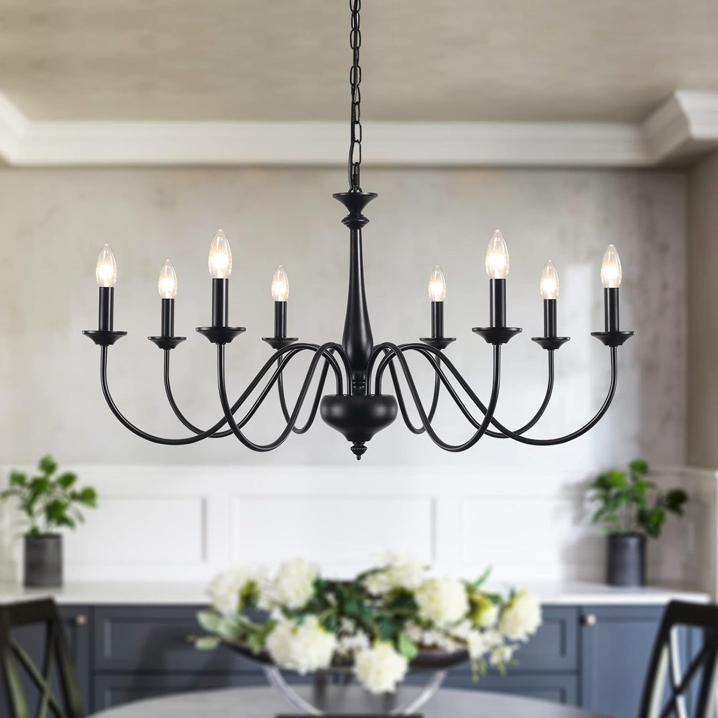 Adjustable Height Black Farmhouse Chandelier With Eight Lights For Dining Room