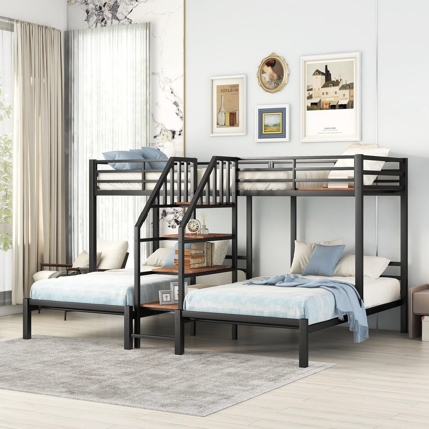 Metal Twin Over Twin & Twin Bunk Bed With Storage Shelves