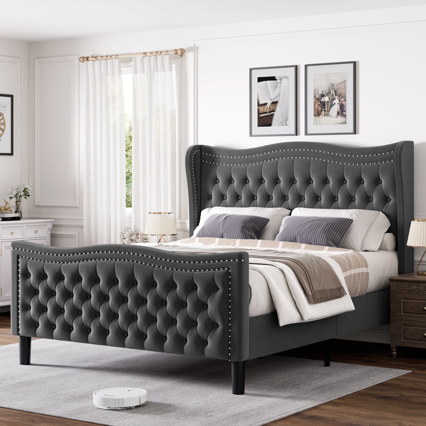 Lift Up Velvet Gray Full Size Bed for Stylish Bedrooms