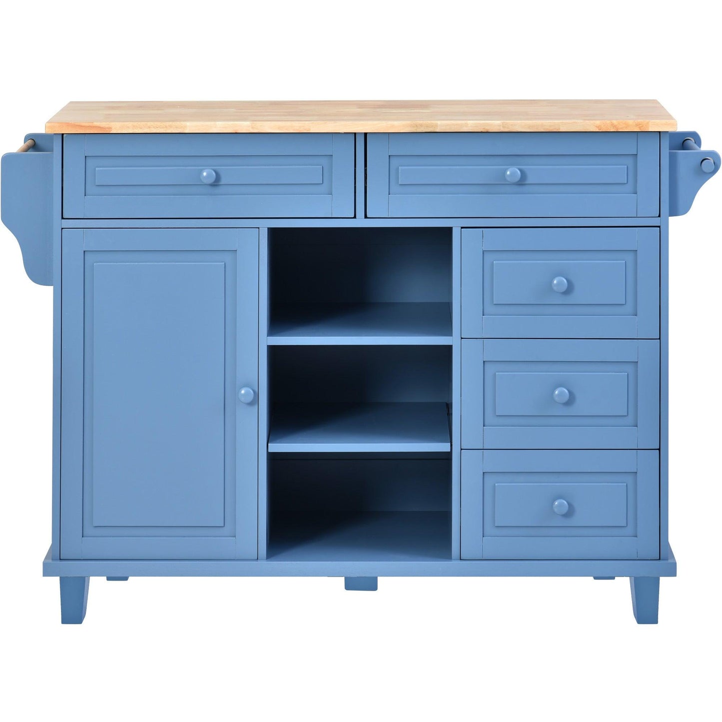 Blue Rolling Kitchen Island Cart with Rubber Wood Top and 5 Drawers for Storage - 53 Inch Length