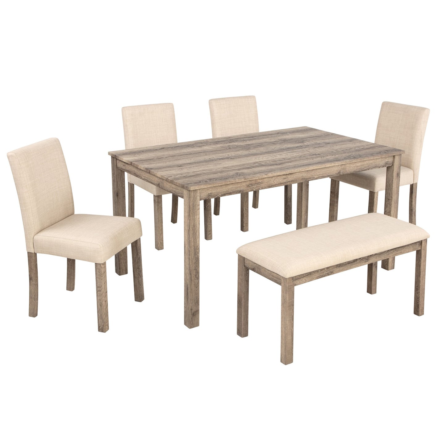 6-Piece Dining Table Set with 4 Chairs and Bench (Brown)