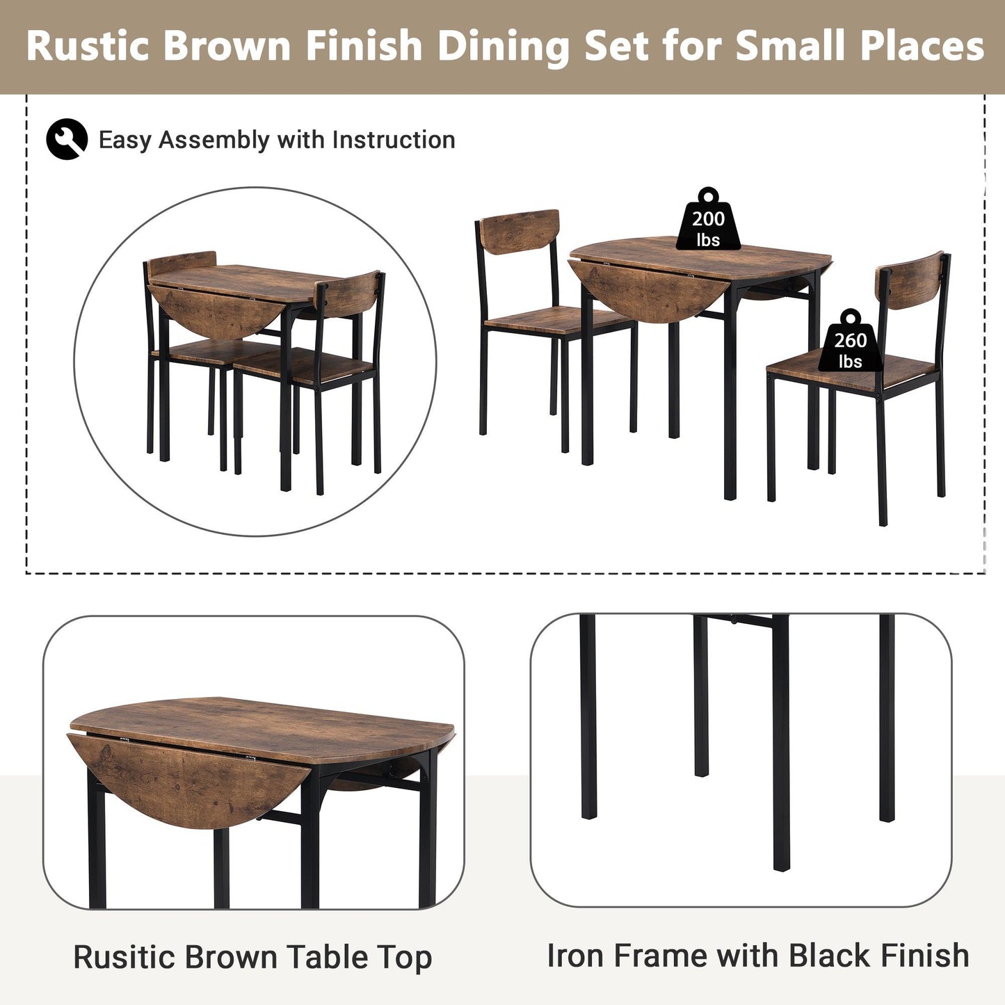 Compact 3-Piece Round Dining Set with Foldable Table