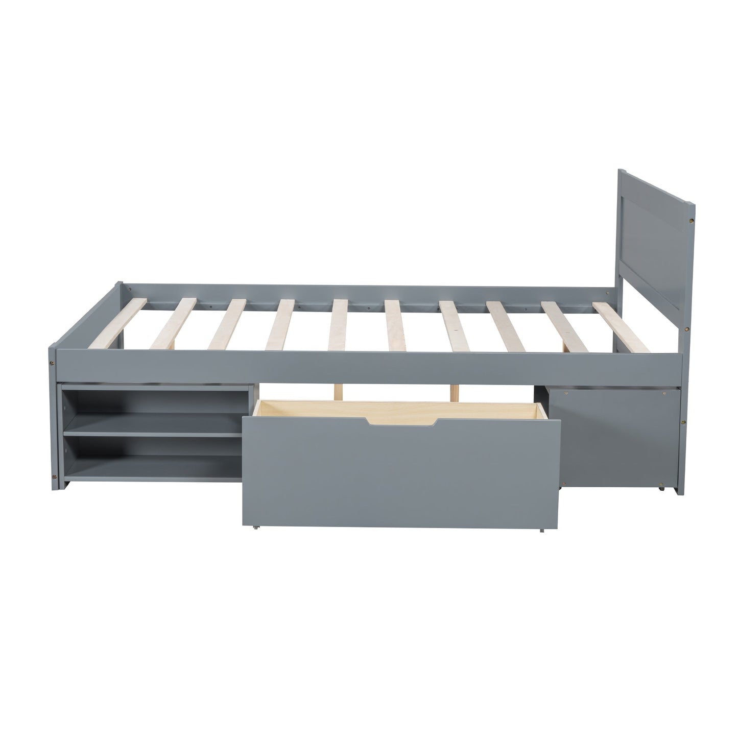 Full Size Platform Bed With Drawer And Two Shelves, Gray