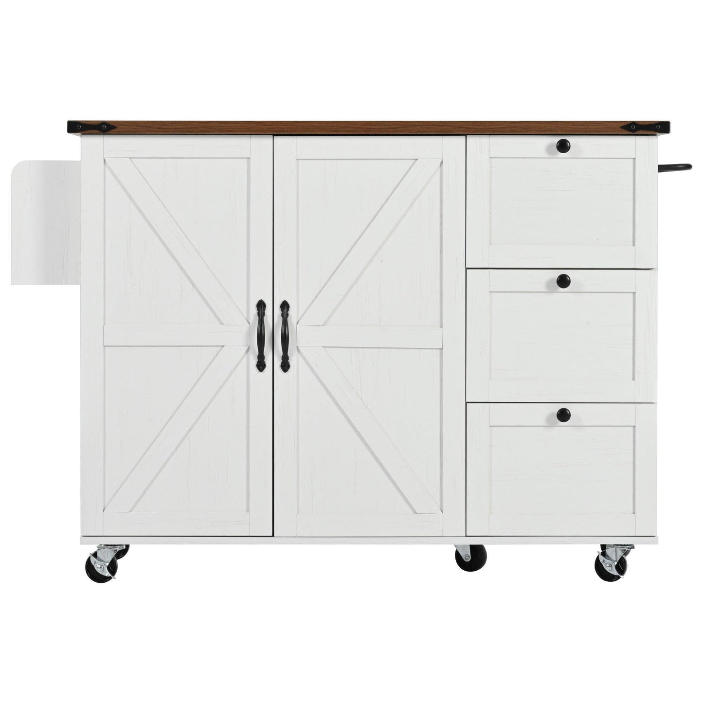 54.5" Rustic Farmhouse Kitchen Island with Power Outlet and Storage, Rolling Cart with Drop Leaf and Spice Rack, White Wood Finish