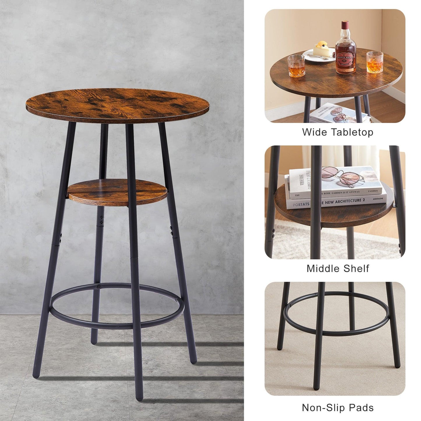 Rustic Brown Upholstered Bar Stool Set with Shelf and Backrest