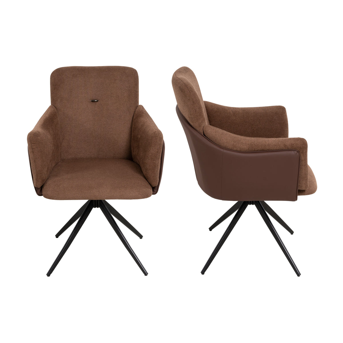 Two dark brown modern swivel office chairs.