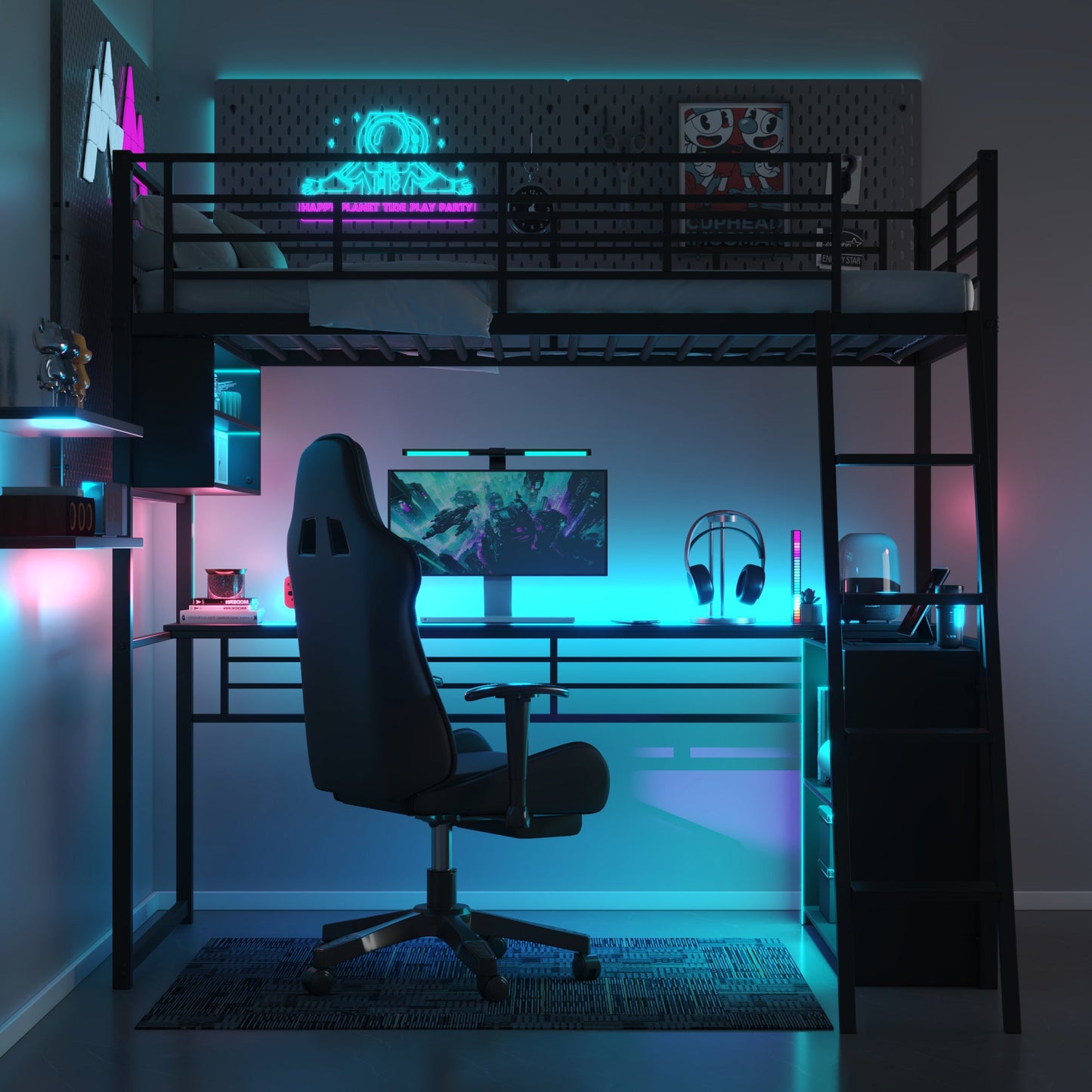 Twin Size Metal Loft Bed with LED, Desk and 4 Storage Shelves, Black