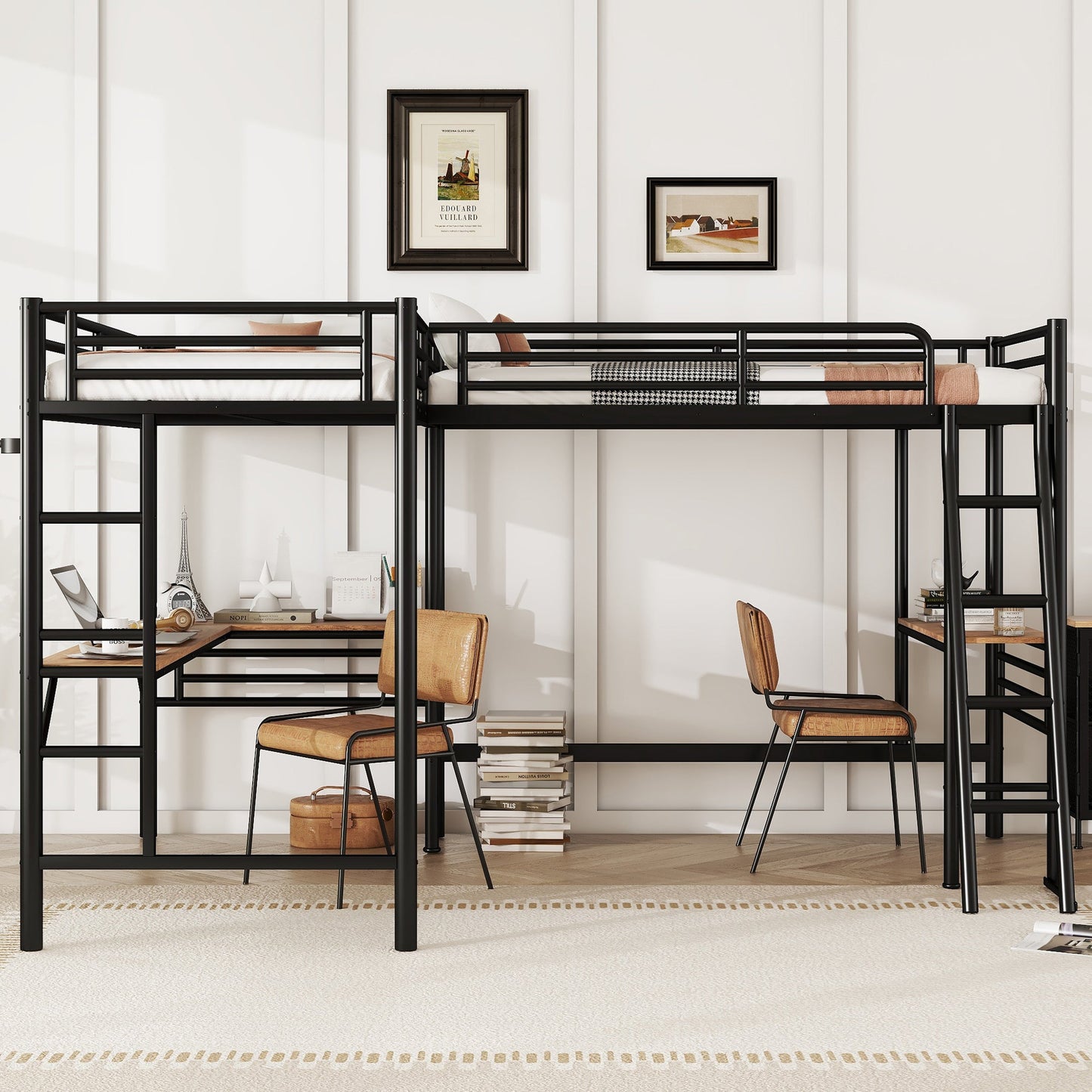 Twin Size Metal Loft Bed With Two Built-in Desks Black