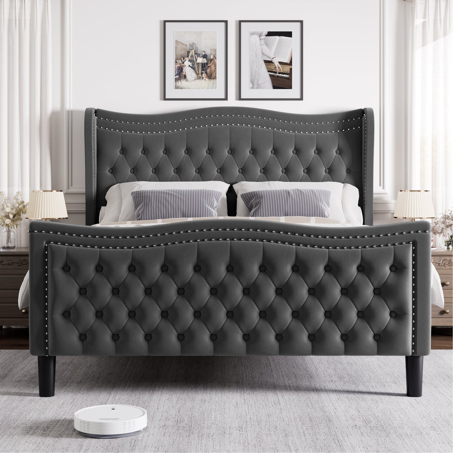 Lift Up Velvet Gray Full Size Bed for Stylish Bedrooms